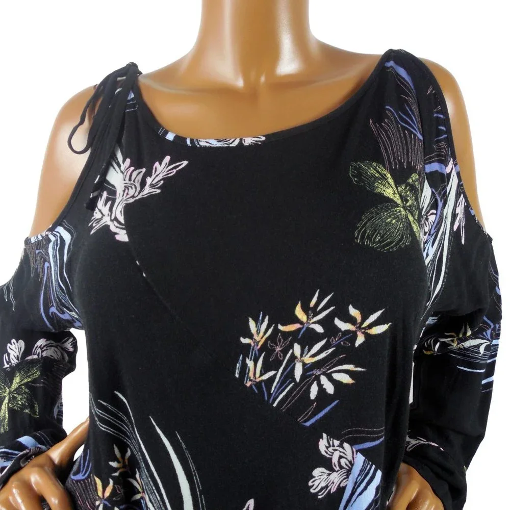 FREE PEOPLE Top M Black Floral Tunic Shirt Tie Cold Shoulder Long Sleeves Casual - Picture 3 of 13